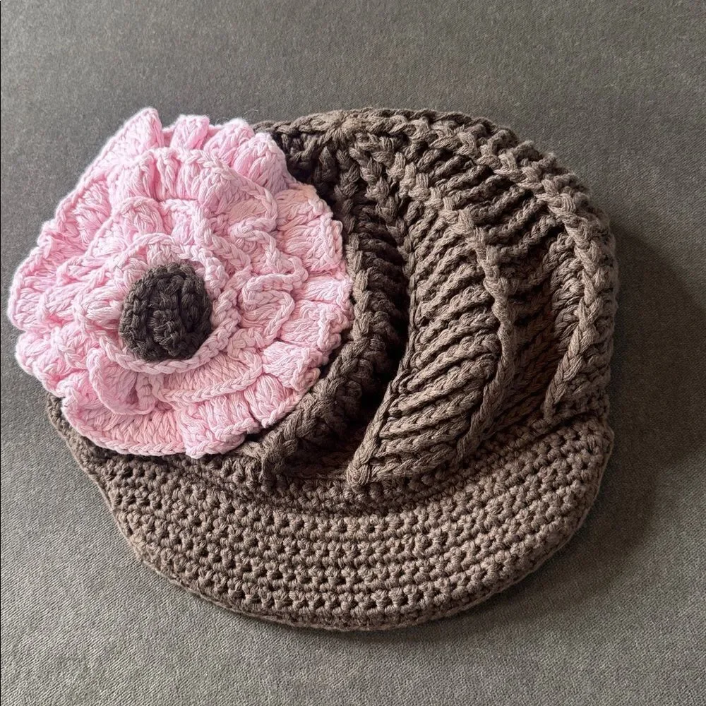 Daisy Baby Girls Frannie Brown Hat Pink Peony & Visor 100% Cotton 0-6 months NEW